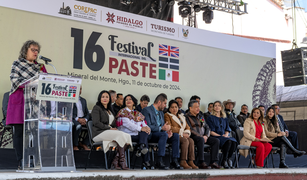 Redruth Councillor Deborah Reeve, Head of the Redruth-Real del Monte Twinning Association, speaks at the start of the three-day Paste Festival